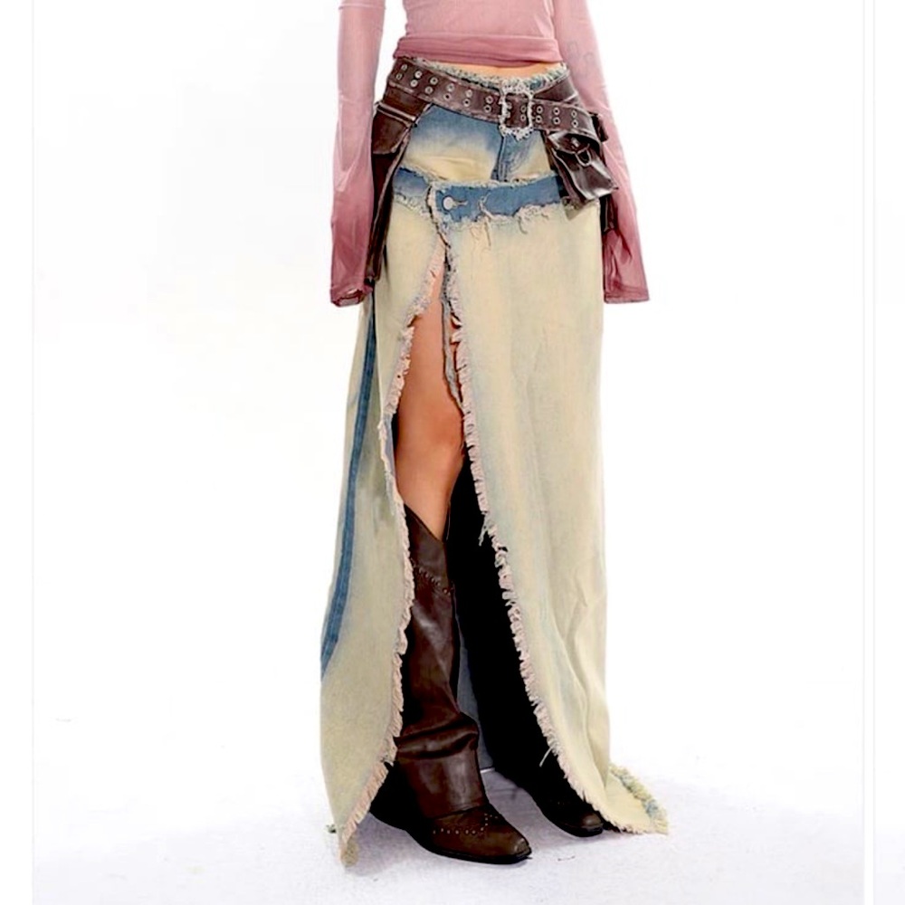 Stylish Denim and Tan Skirt